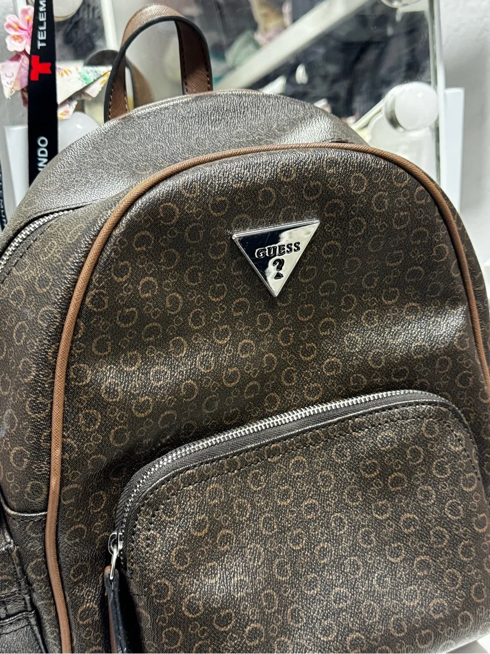 GUESS Brown Monogram Mini Backpack with Silver Logo